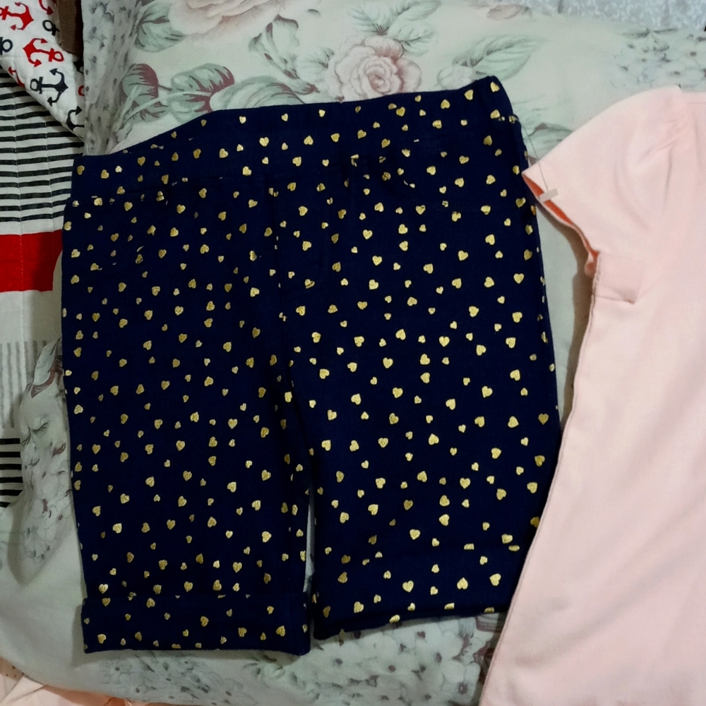 💚 Liberty & Valor 2pc Pink T-shirt Short Sleeve Black/Gold Hearts Shorts 5